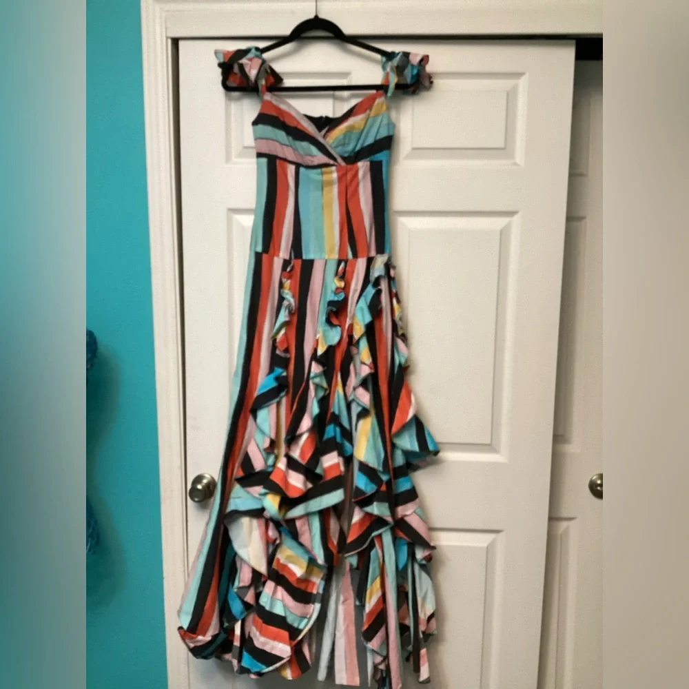 Caroline Constas Ruffle Rainbow Stripe Gown Maxi Dress in Black Multi - Picture 5 of 9